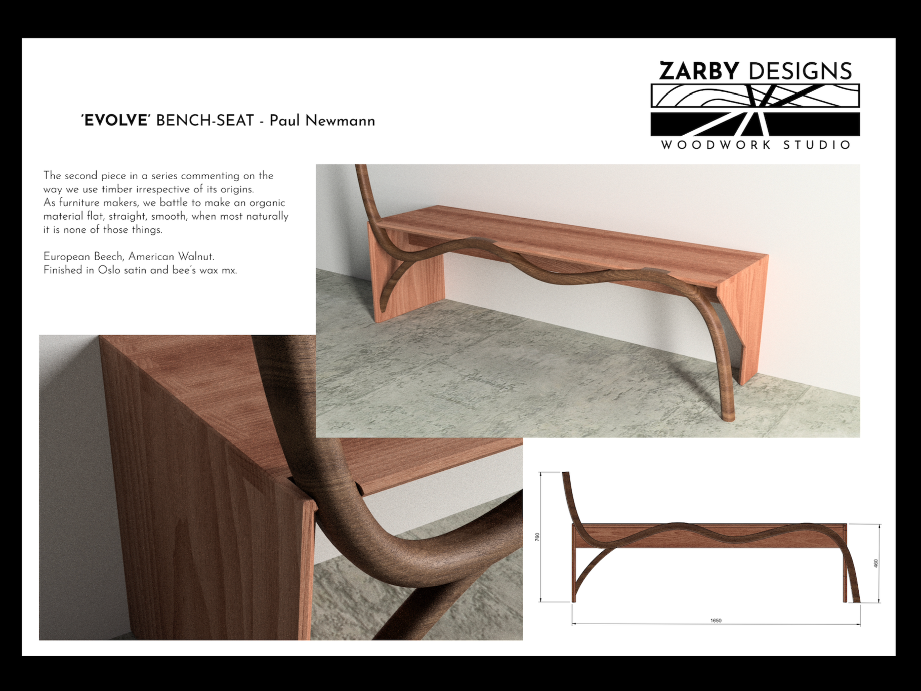 Image features a wooden bench with curved, branch-like legs and a sleek, straight seat made of European Beech and American Walnut, finished with Osmo satin and beeswax.