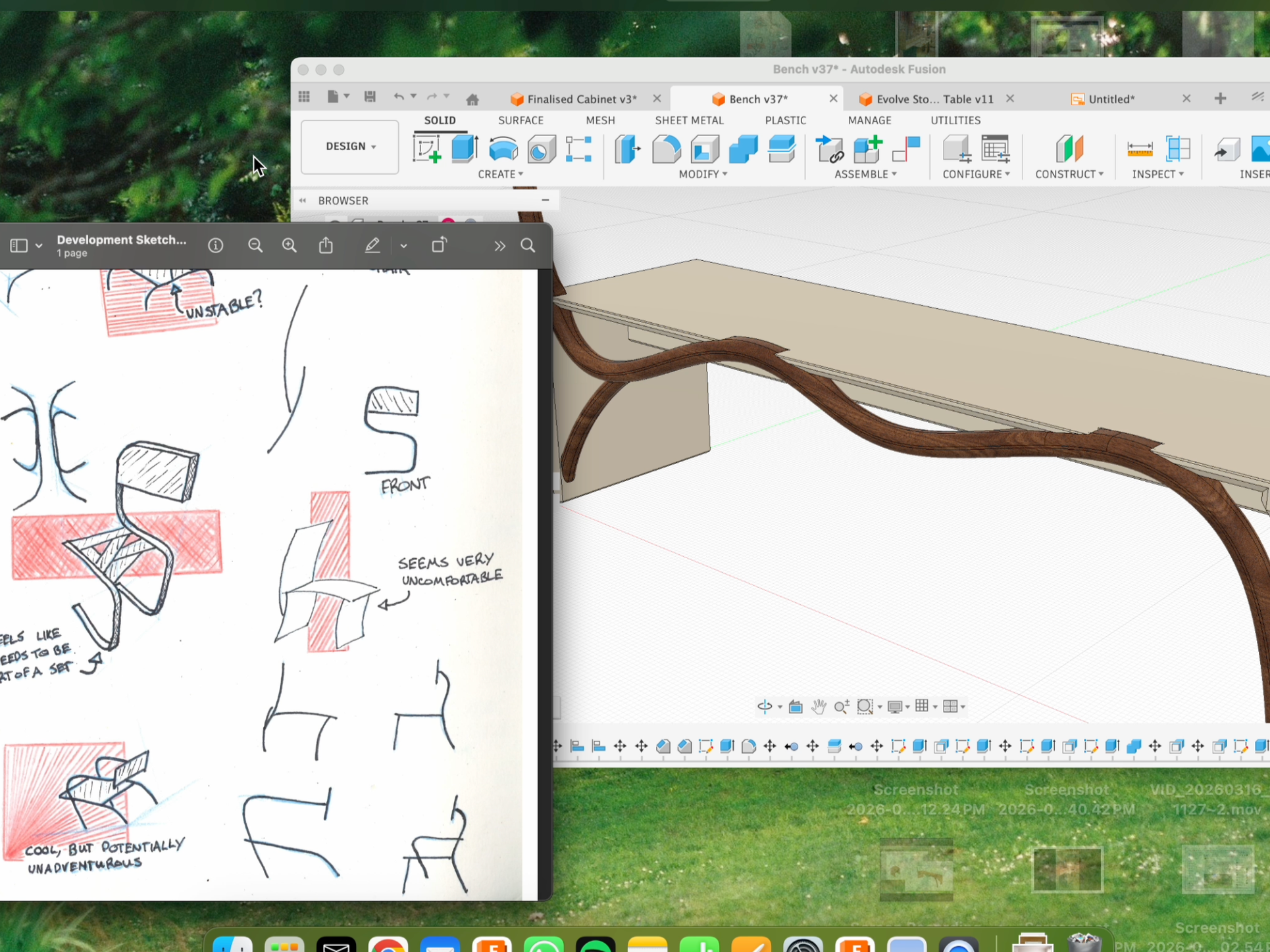 Screenshot of a computer desktop displaying a 3D design software interface with a chair design, a sketch of a chair concept with notes.