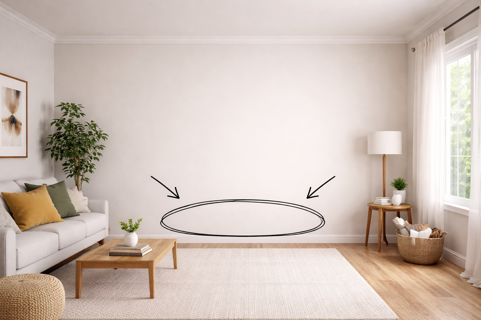 Living room with white walls, a white sofa with yellow, green, and beige pillows, a small wooden coffee table with a plant and books, a large window with white curtains, a floor lamp with a white shade, a small side table with plants and books, and a wicker basket with stuffed animals. There is a large drawn oval shape with arrows pointing to it on the wall.