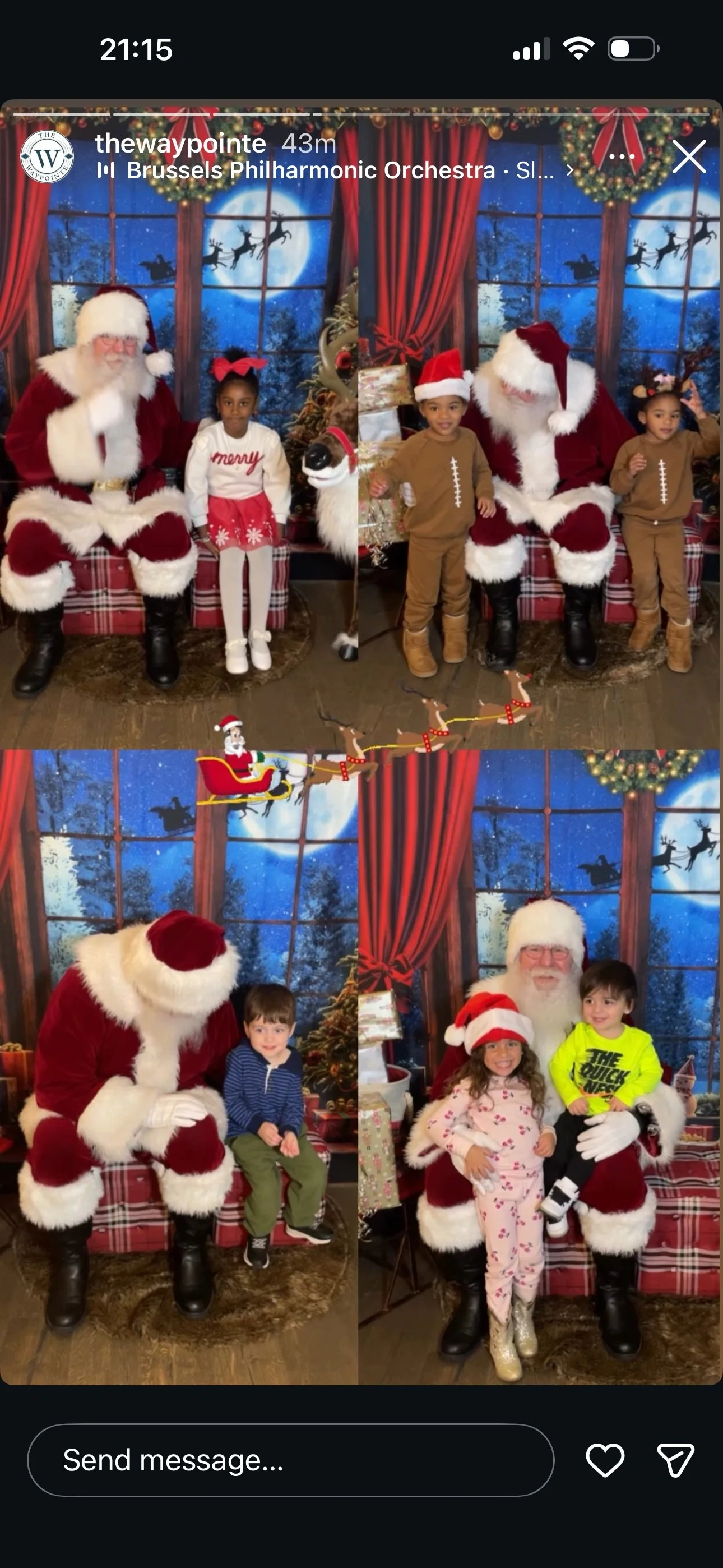 Four separate holiday photos featuring children with Santa Claus and Santa with children, against a festive winter-themed winter scene with a moon, snow, and reindeer images. Decorations include Christmas wreaths, presents, and holiday characters.