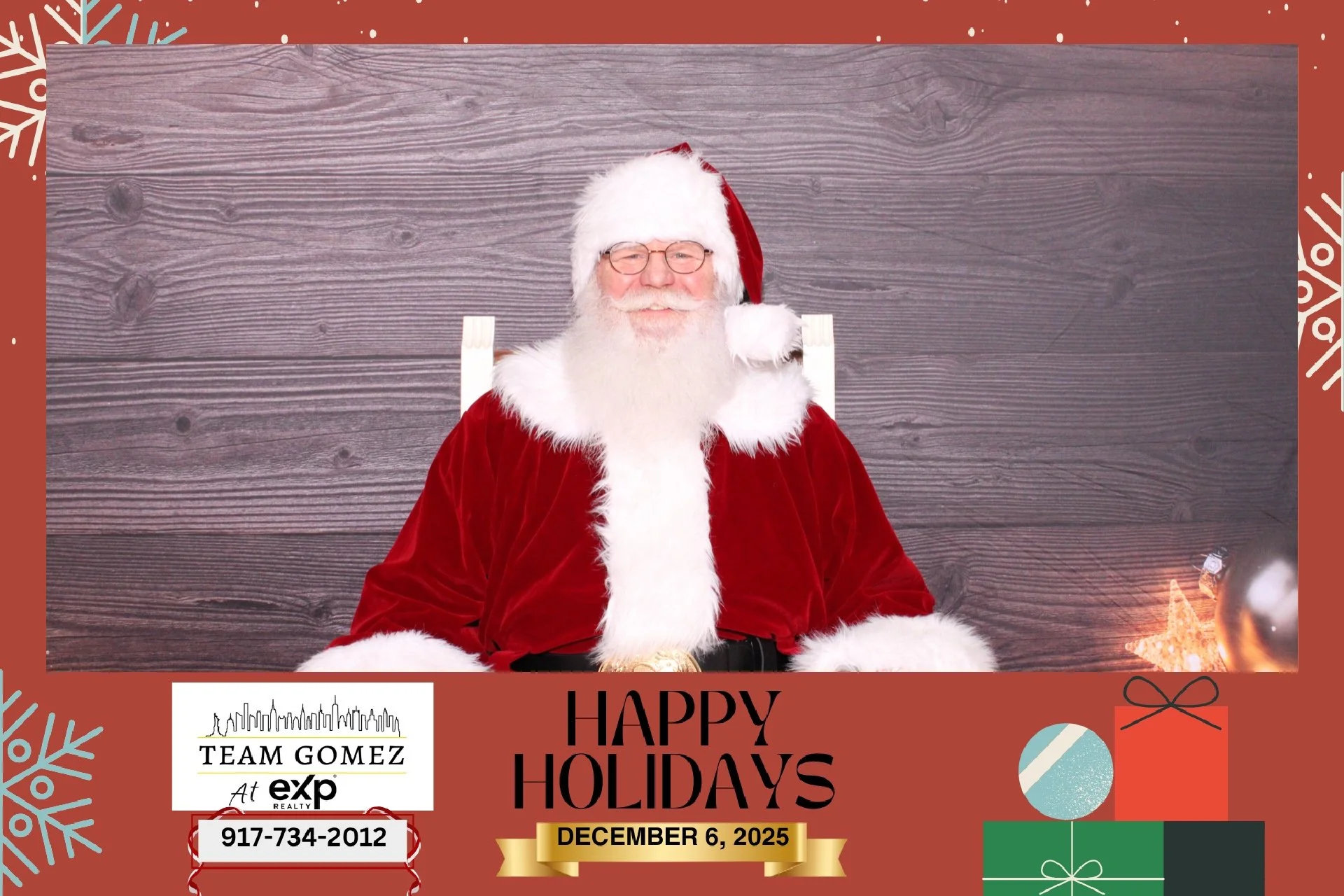 Santa Claus with glasses smiling against a wooden background, wearing a red velvet suit with white fur trim, holiday decorations including ornaments and snowflakes, and a message wishing Happy Holidays from Team Gomez at EXP Realty, with the date Dec