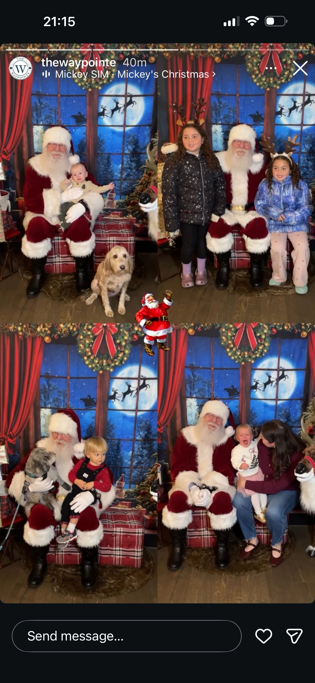 Four holiday photos featuring Santa Claus with children in front of a festive backdrop with snow, reindeer, and Santa's sleigh. The first shows Santa with two girls and a dog, the second shows Santa with two girls, the third shows Santa with a little