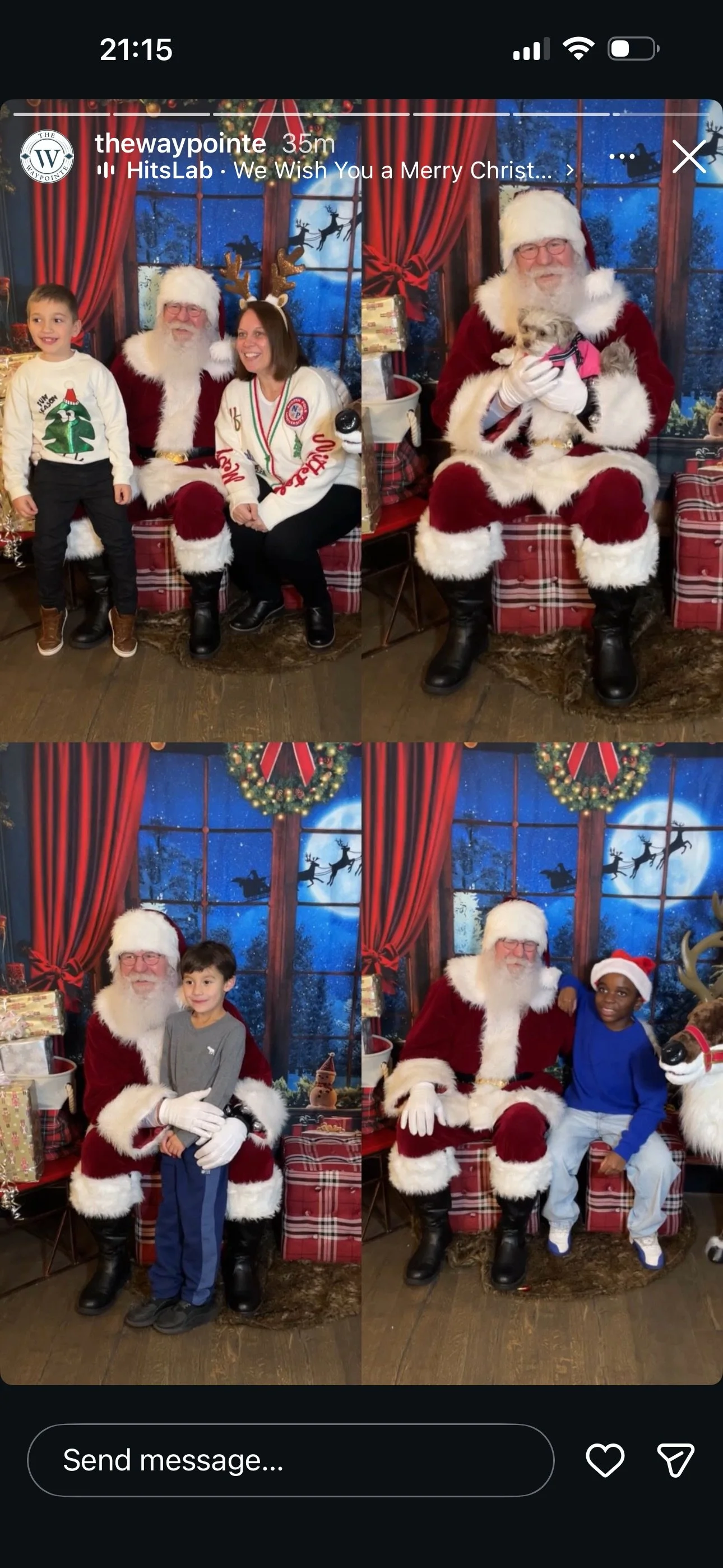 Four photos of children with Santa Claus in a festive Christmas setting with a backdrop of a snowy night scene, reindeer, and Christmas decorations.