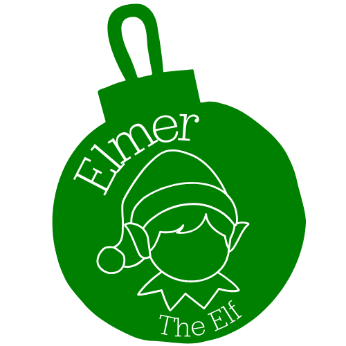 Green Christmas ornament with a line drawing of elf ears, a Santa hat, and a face mask, with the text "Elmer the Elf".