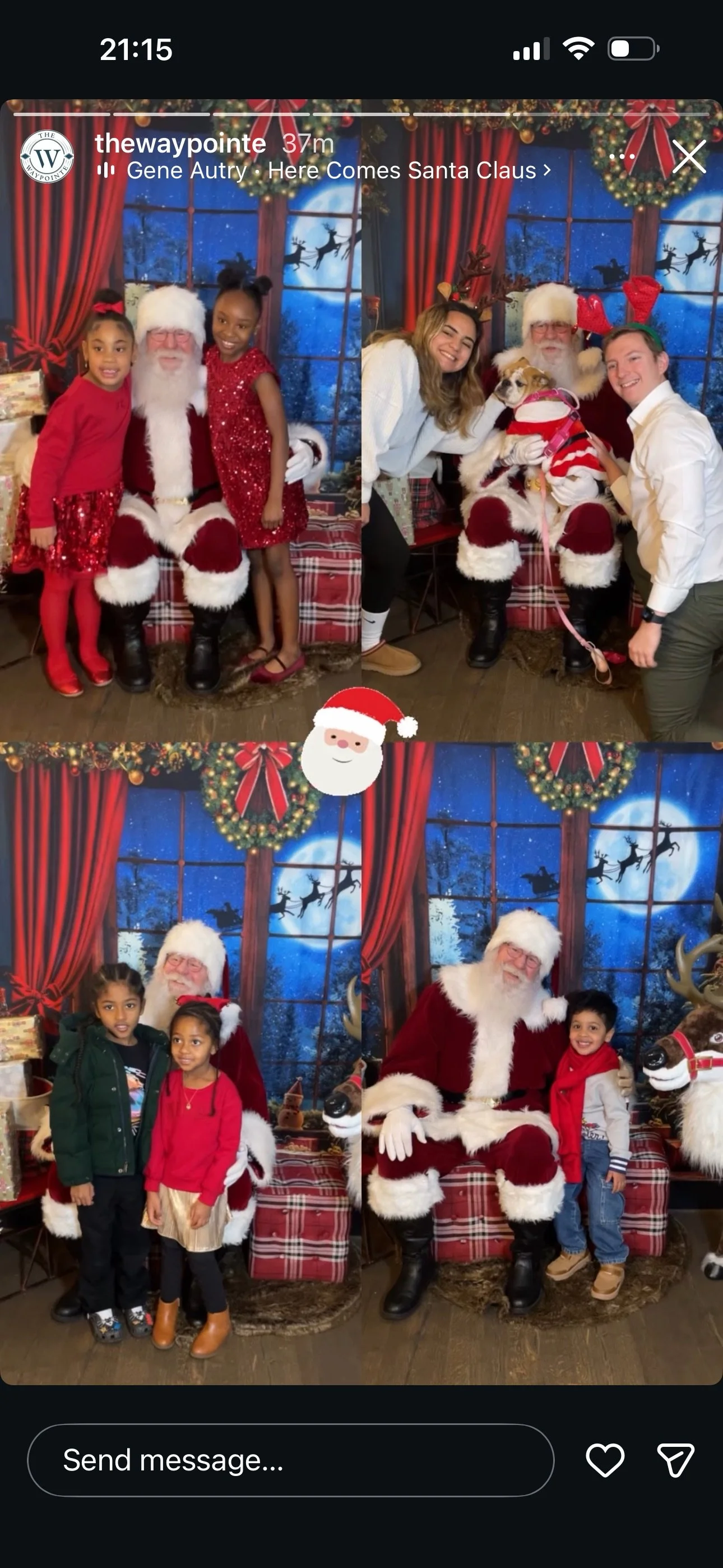 Four children with Santa Claus in a festive holiday setting. The children are dressed in colorful outfits, and Santa is wearing his traditional red suit with white fur trim. The background features a winter scene with a full moon, bare trees, and sil
