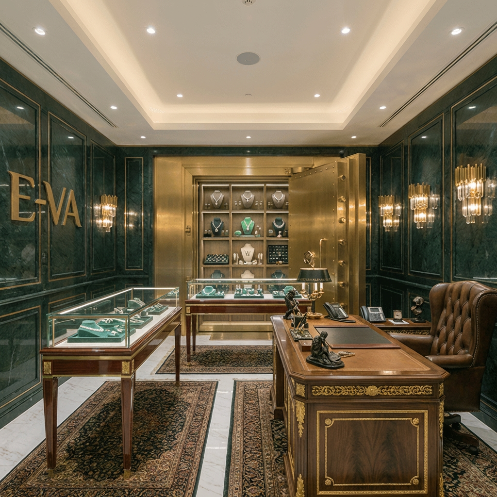 Jewelry Store, Cases Of Jewelry, Vault of Jewelry, Leather Desk, Lamp, E-VA Logo