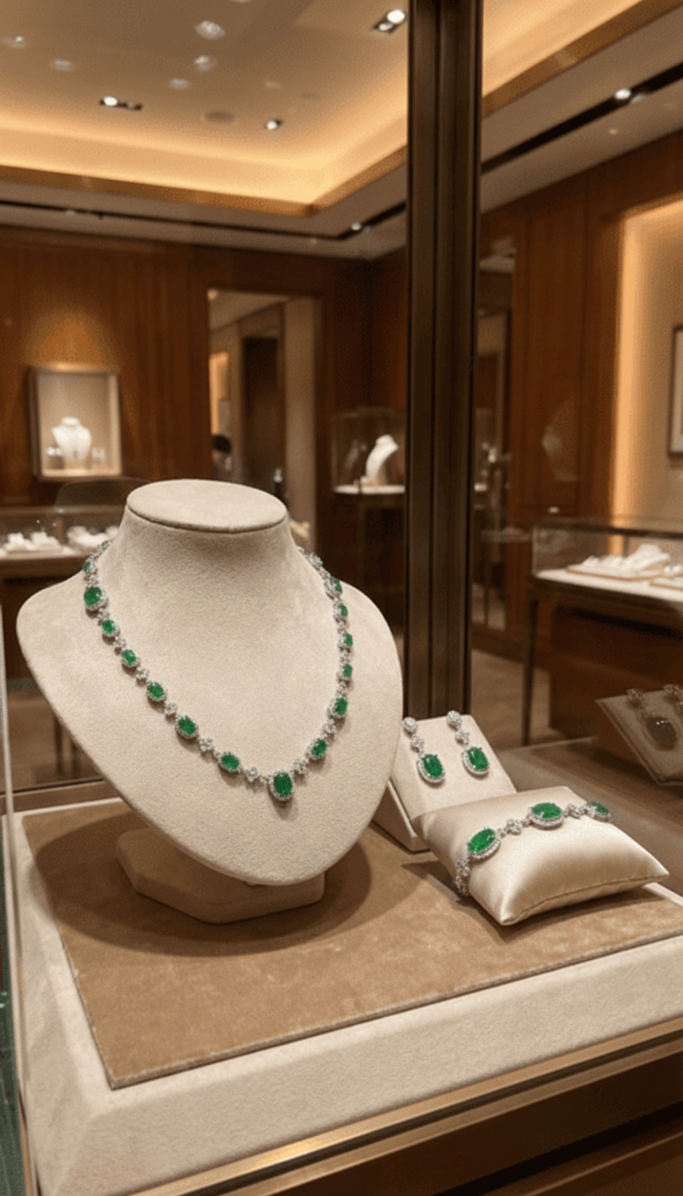 E-VA Signature Jade and Diamond Necklace, bracelet and earrings