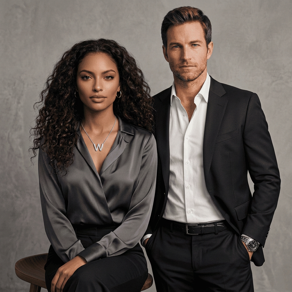 A woman and a man dressed in formal business attire posing together against a neutral background.