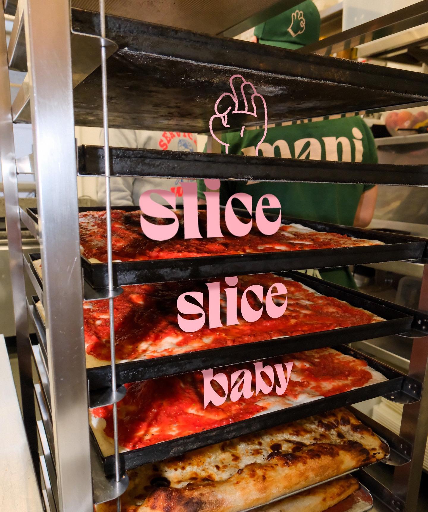 Why is our pizza square? 🟩 🤌

Because it&rsquo;s made the Roman way: al taglio. We use our mani (hands) to stretch the dough into large rectangular trays, pushing it all the way into the corners. This shape isn&rsquo;t just for looks, it makes slic