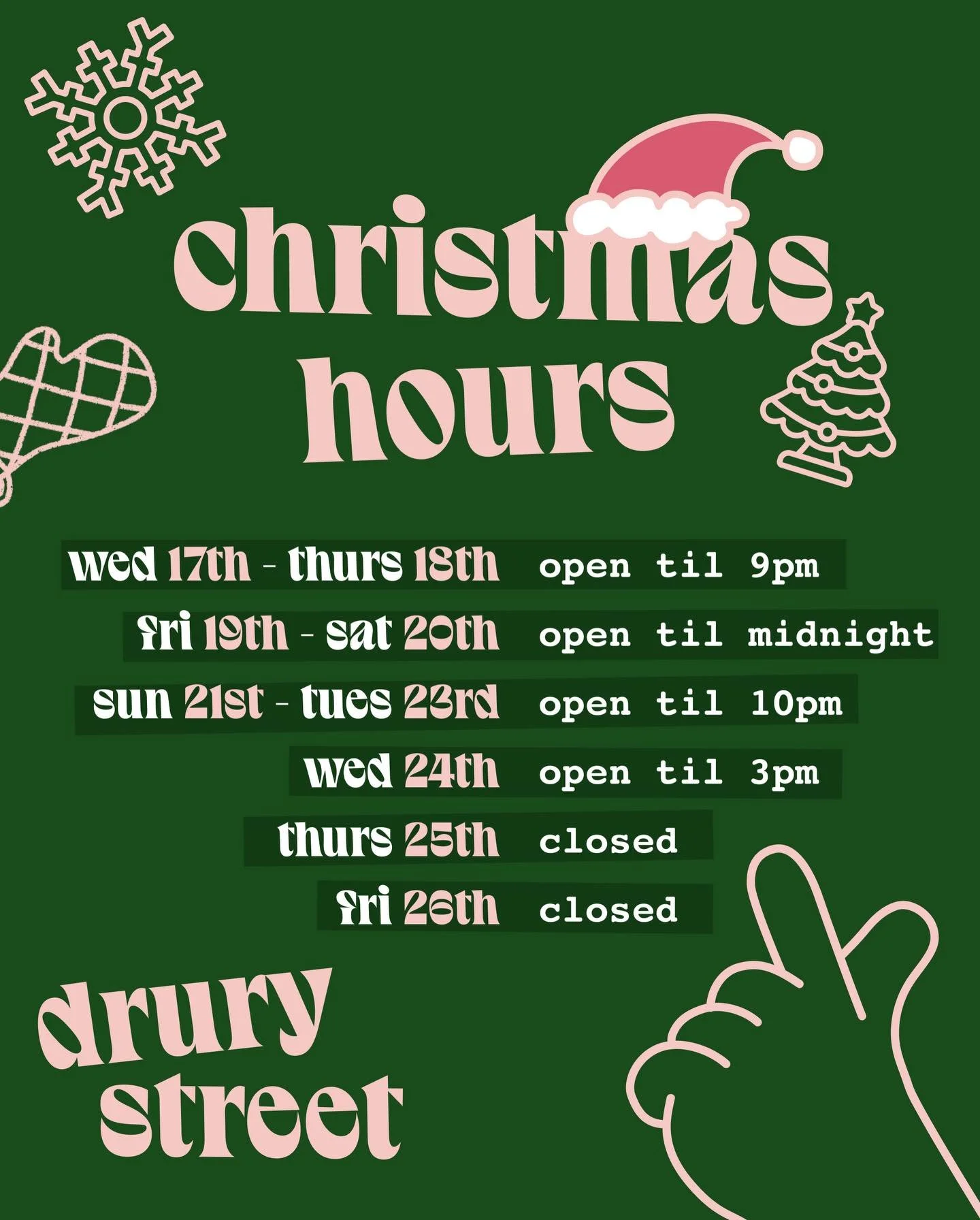 Hours for the next week on Drury St! 

Come and say Ciao when you&rsquo;re doing your last minute rounds in town this weekend 🤌🎄❄️

#druryst #dublinfood #dublin #manipizza