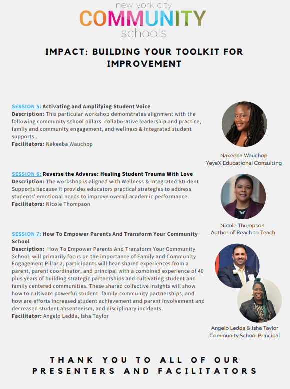 Workshop flyer for New York City community schools, titled "IMPACT: BUILDING YOUR TOOLKIT FOR IMPROVEMENT," with sessions on activating student voice, healing student trauma, and empowering parents, featuring photos of three presenters.