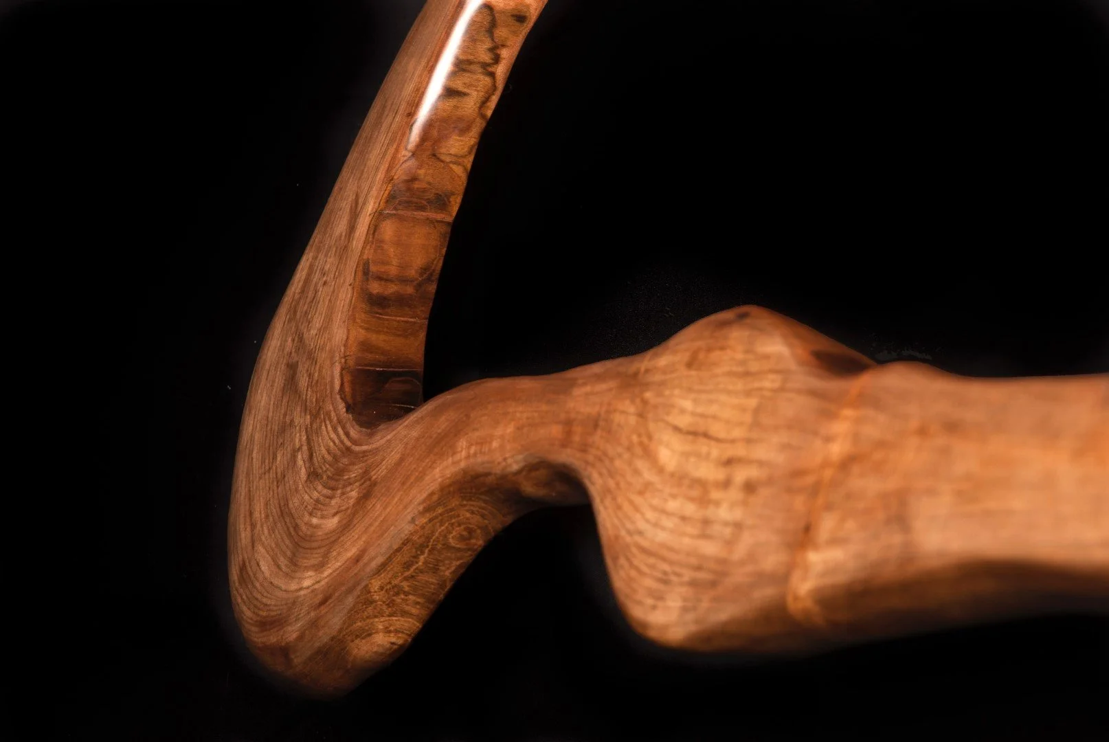 Une pièce en bois courbée avec une finition lisse et une texture visible contre un fond noir.