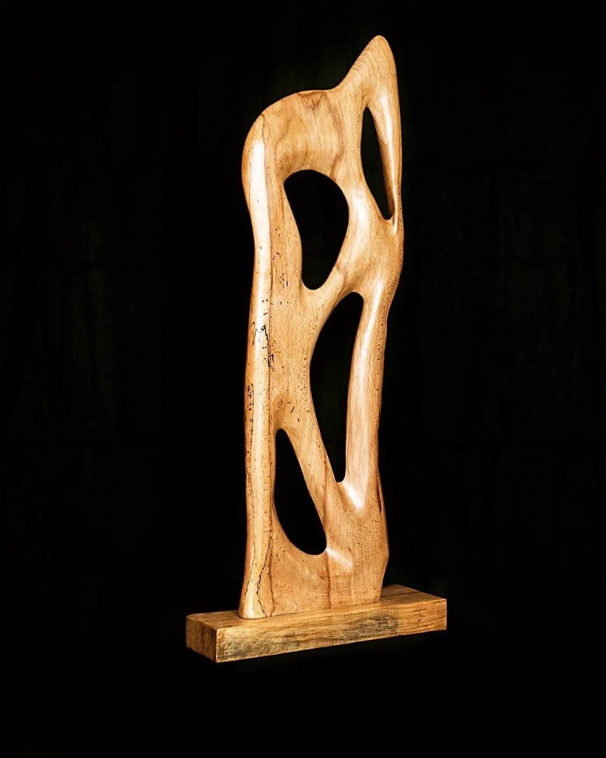 Sculpture en bois abstraite avec des formes organiques, montée sur une base en bois, contre un fond noir.