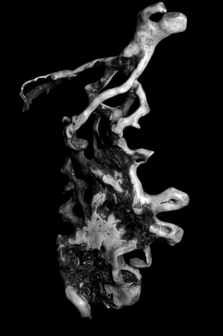 Sculpture abstraite en forme de visage humain en matériaux noirs et blancs, vue latérale.