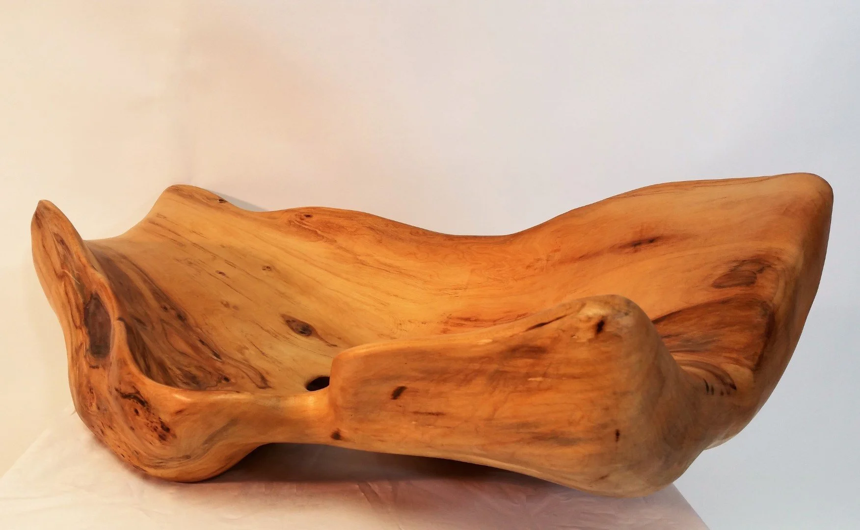Une coupe en bois sculpté, aux lignes organiques et naturelles, avec des variations de couleur et des nœuds du bois visible.