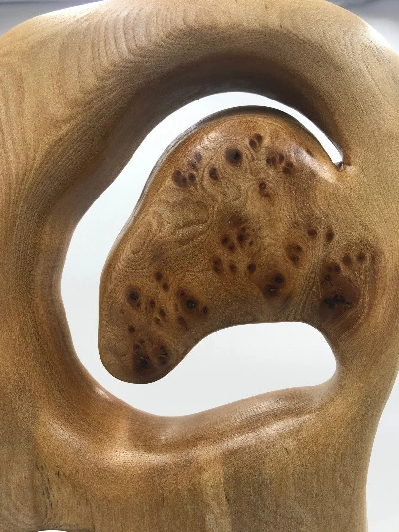 Une sculpture en bois avec des formes circulaires et un trou central, mettant en valeur le grain et la texture du bois.