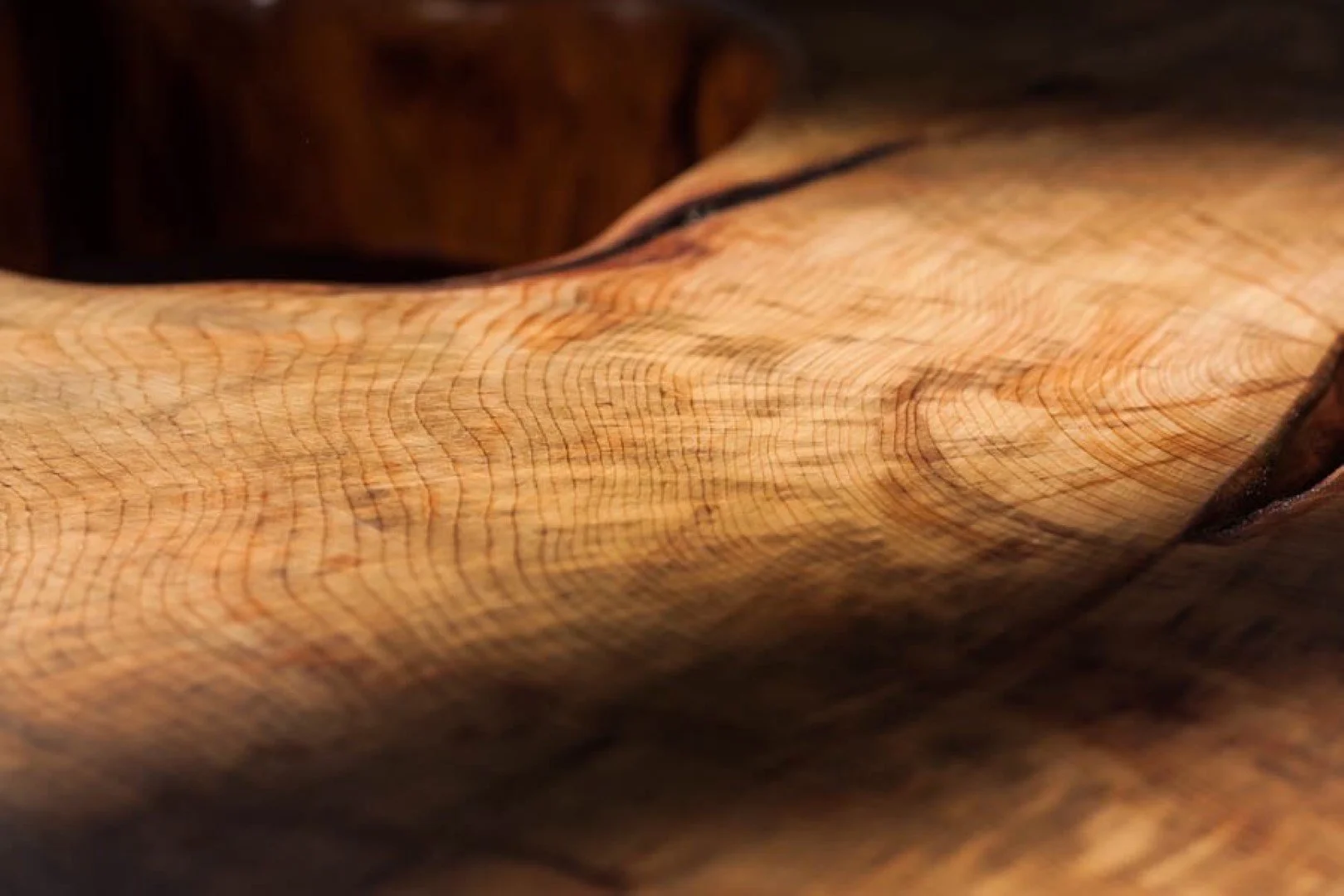 Une surface en bois avec des grains et des lignes de croissance visibles, éclairée doucement.