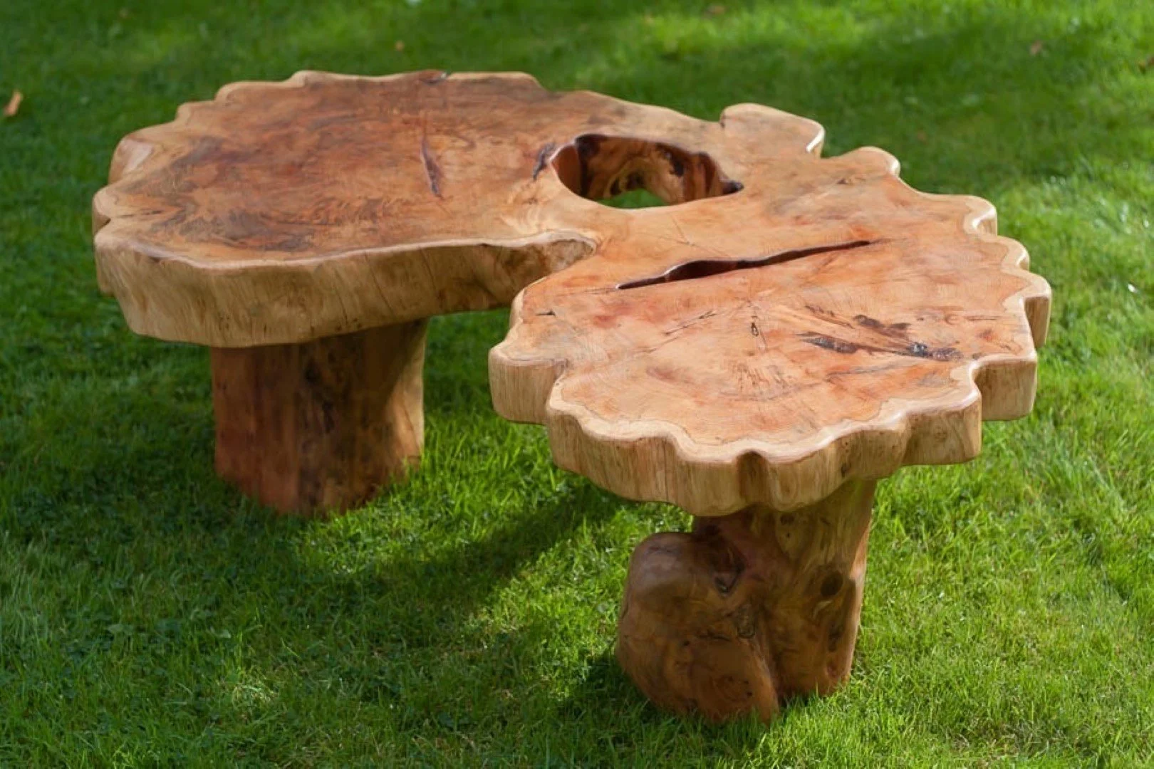 Table basse en bois massif sculpté en forme de tronc d'arbre, place en extérieur sur de l'herbe verte.