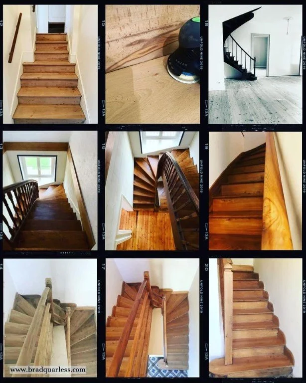 Collage de différentes escaliers intérieurs en bois, avec divers styles et angles.