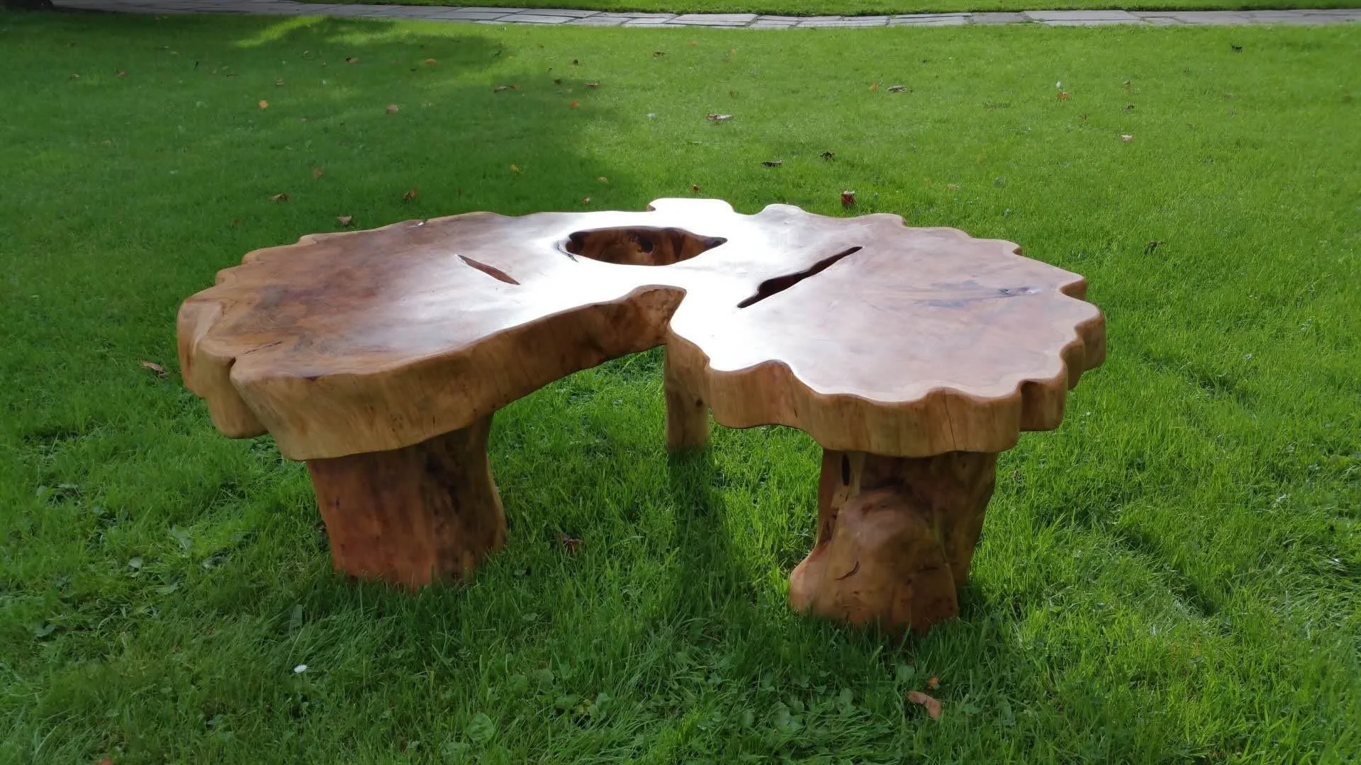 Table en bois sculpté en forme de branche d'arbre avec un trou au centre, placé sur une pelouse verte