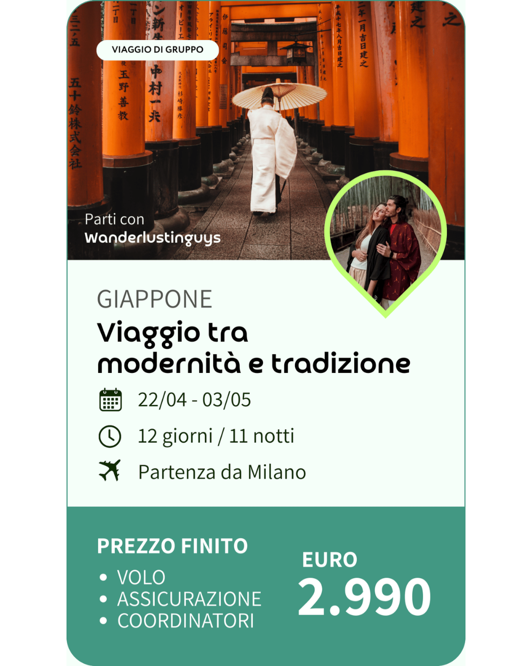 Una persona vestita con abiti tradizionali giapponesi cammina tra torii rossi in un santuario. In un'area più piccola, due persone abbracciate e sorridenti sono ritratte in un altro contesto.