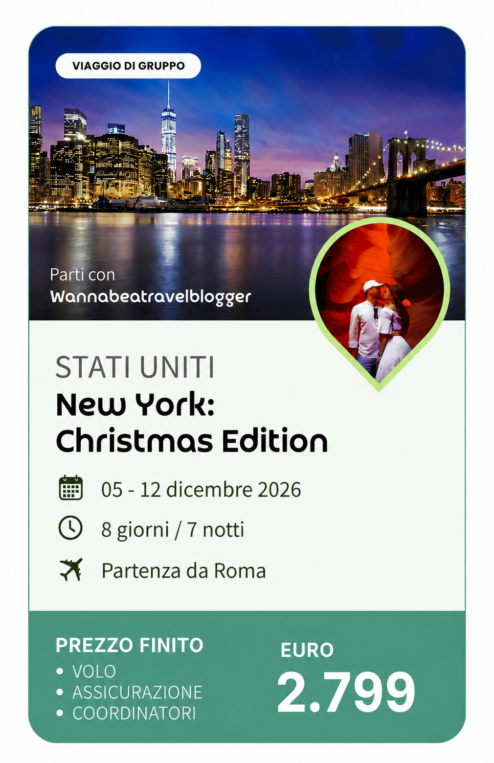 Volantino pubblicitario di un viaggio di gruppo negli Stati Uniti a New York a  natale, con dettagli su date, durata, partenza, prezzo finale di 2.799 euro