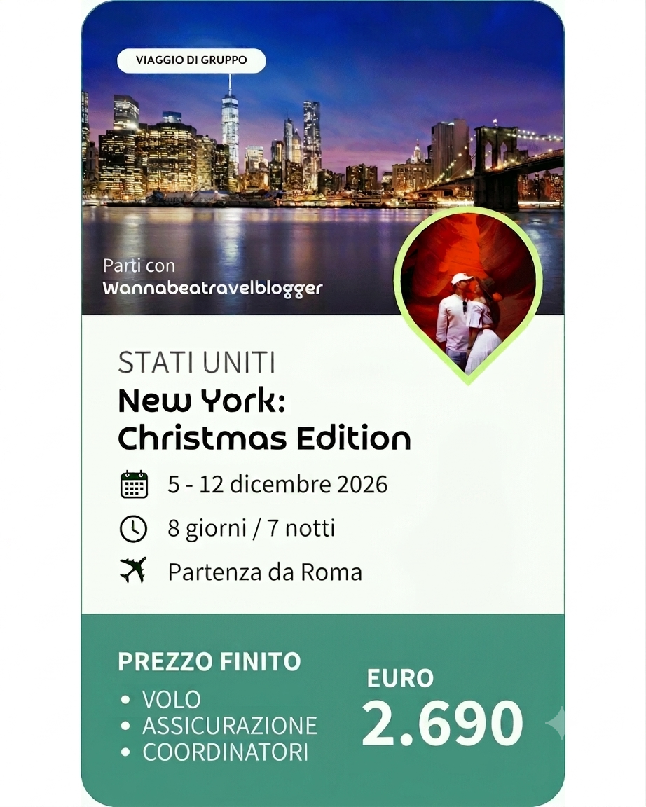 Volantino pubblicitario di un viaggio di gruppo negli Stati Uniti a New York a  natale, con dettagli su date, durata, partenza, prezzo finale di 2.799 euro