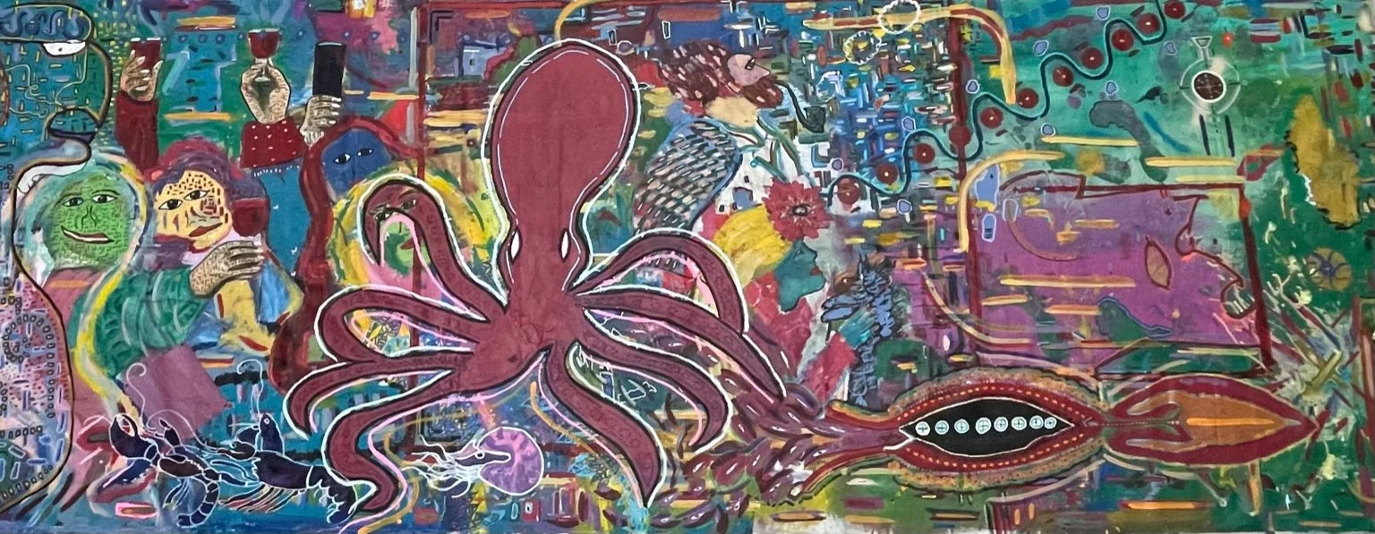 A colorful abstract mural featuring a large pink octopus at the center, surrounded by various faces, animals, and geometric shapes in vibrant colors.