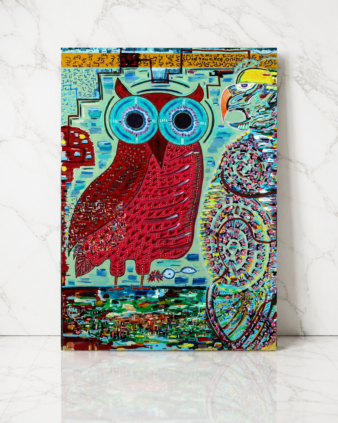 Colorful painting of an owl with large blue eyes, red body, and surrounded by abstract shapes and vibrant colors, set against a marble wall background.