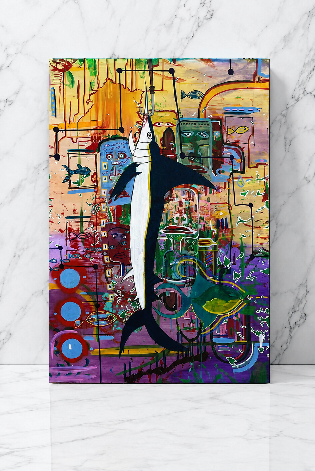 Abstract colorful painting featuring a central orca whale surrounded by various geometric and organic shapes, faces, eyes, and marine life elements, with a vibrant background in warm and cool tones.
