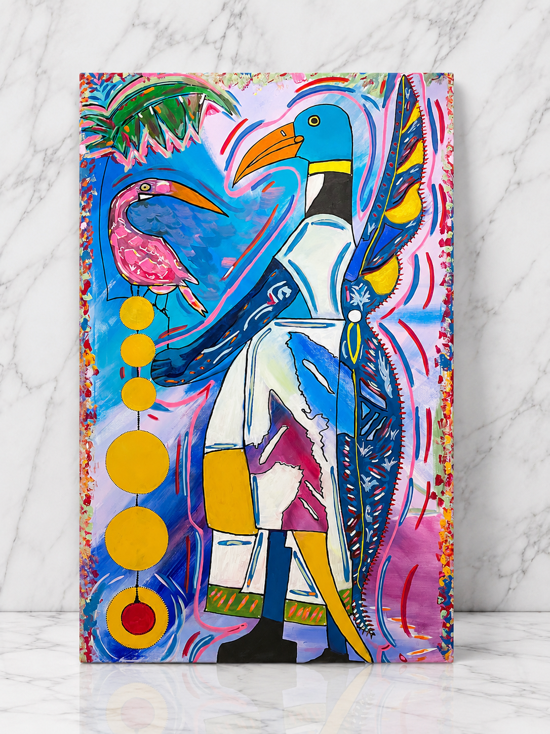 Vibrant abstract painting featuring a stylized bird, possibly a toucan, with bright blue, yellow, and pink colors, including a series of yellow circles connected vertically and tropical leaves.