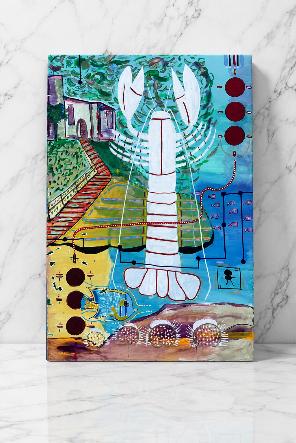 Abstract painting featuring a large white lobster at the center, surrounded by colorful elements including a house, trees, a yellow area, a blue fish, and various abstract symbols and shapes on a canvas with a marble background.