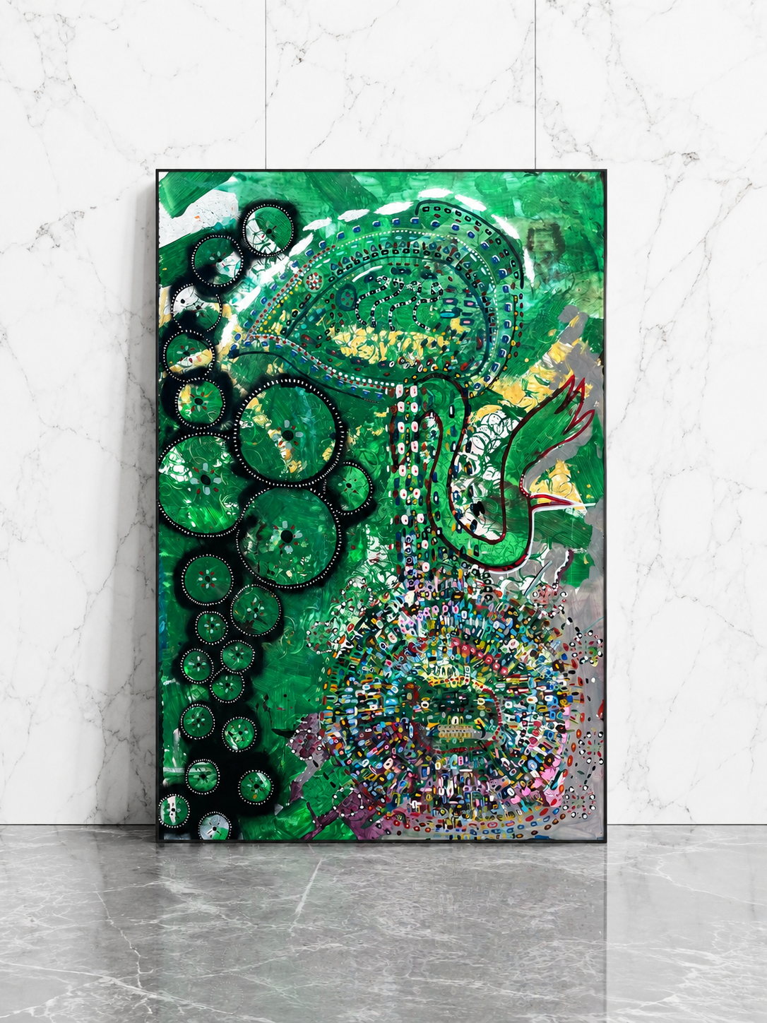 Abstract colorful painting with green, black, and multicolored patterns, displayed on a wall in an art gallery.