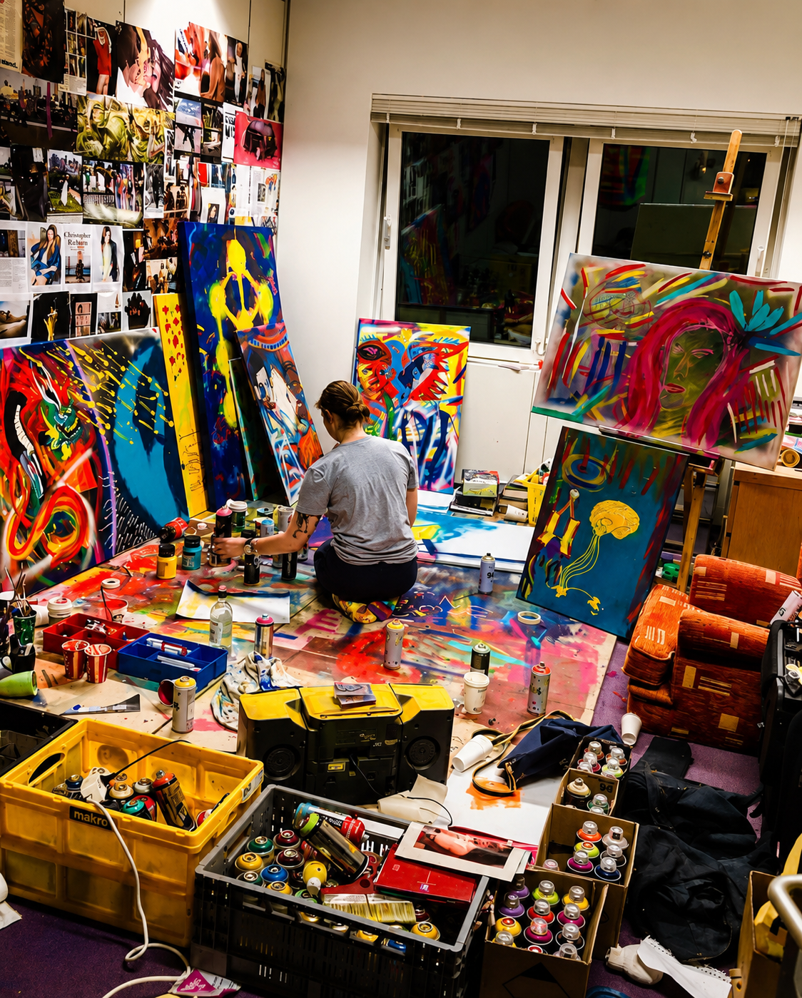 An artist creating vibrant, colorful abstract paintings in a cluttered studio filled with spray paint cans, art supplies, and multiple finished and in-progress artworks.