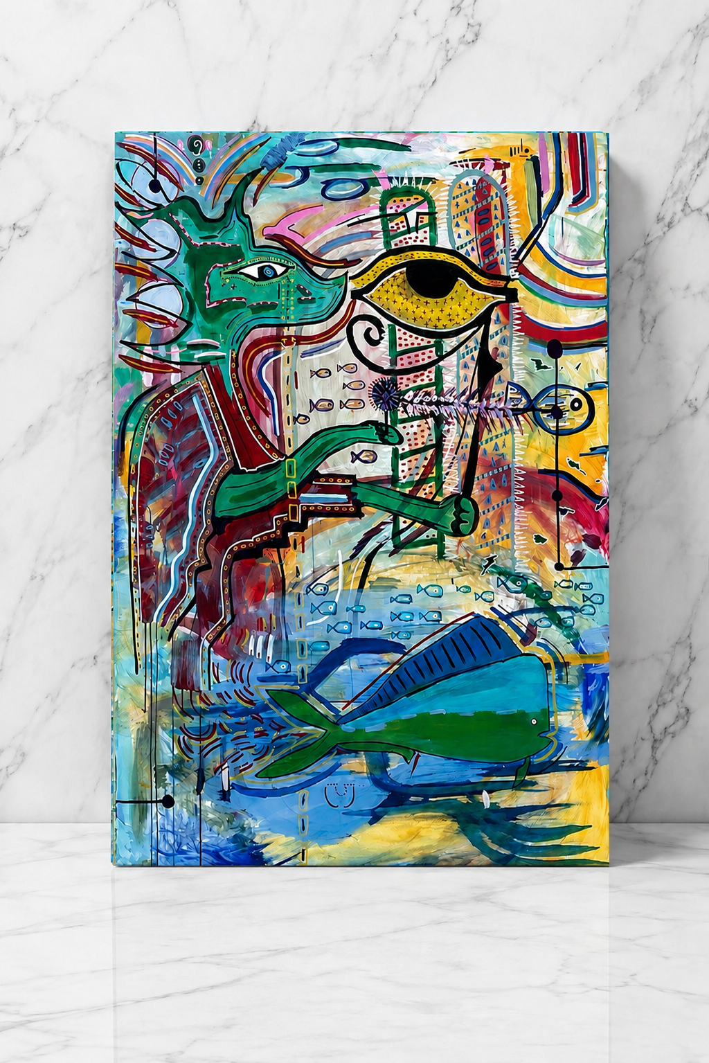Colorful abstract painting featuring a green dragon, a large eye, a whale, and cityscape elements with vibrant swirling lines and patterns.
