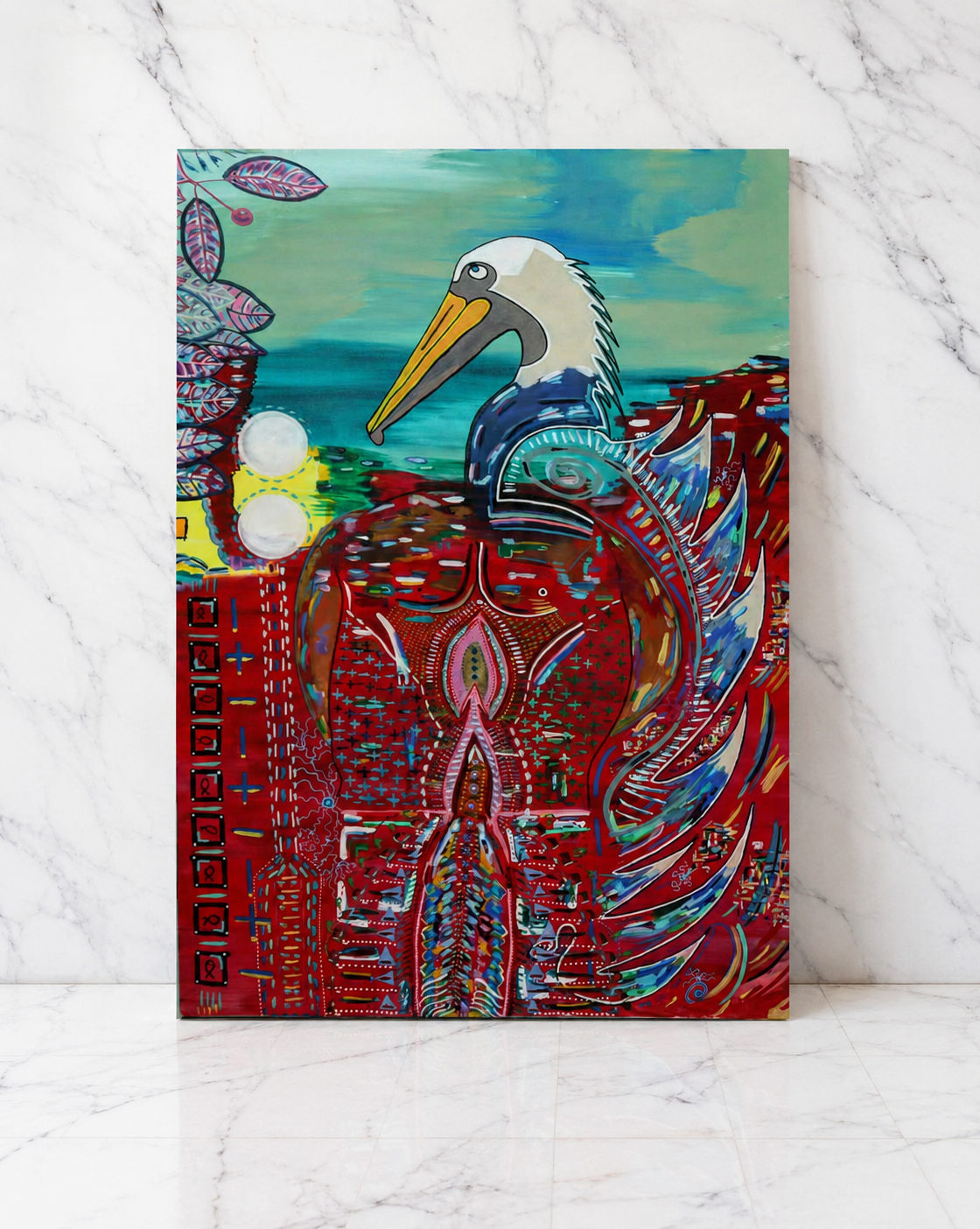 Colorful abstract painting of a pelican in front of water and mountains, with various geometric and organic patterns.
