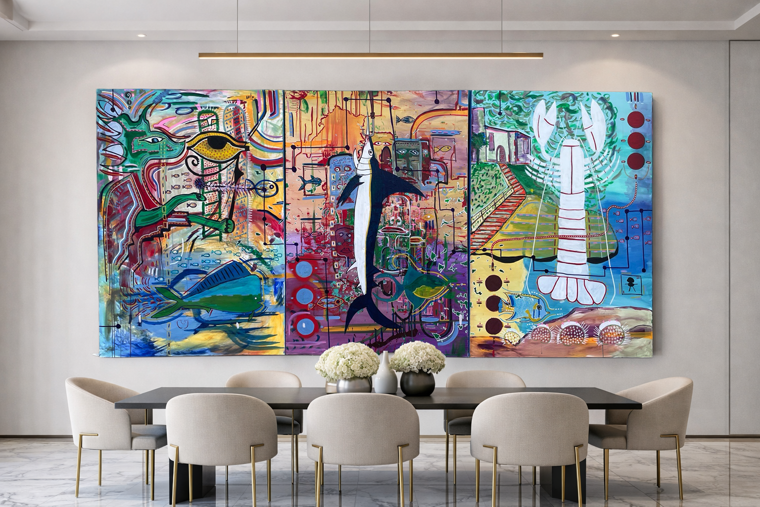 A large abstract colorful painting with various shapes and figures, including a fish, a whale, a penguin, and a lobster, mounted on a gray wall in a modern dining room with a black table, beige chairs, and white flowers.