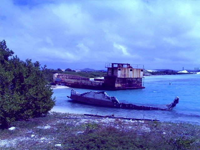 An abandoned, rusted shipwreck in the water near a rocky shoreline with greenery, cloudy sky in the background.