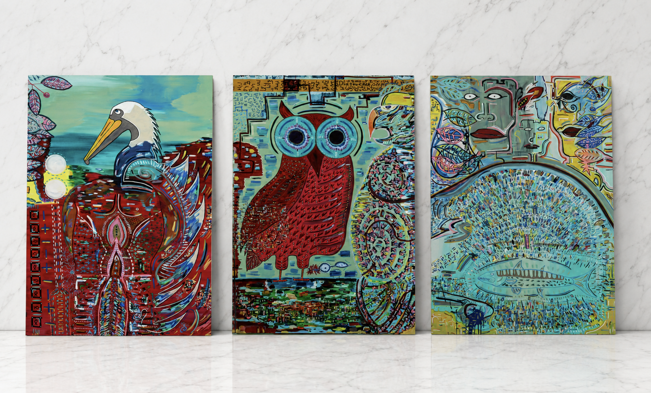 Three colorful abstract paintings featuring owl motifs, intricate patterns, and vibrant colors, displayed on a white gallery wall.
