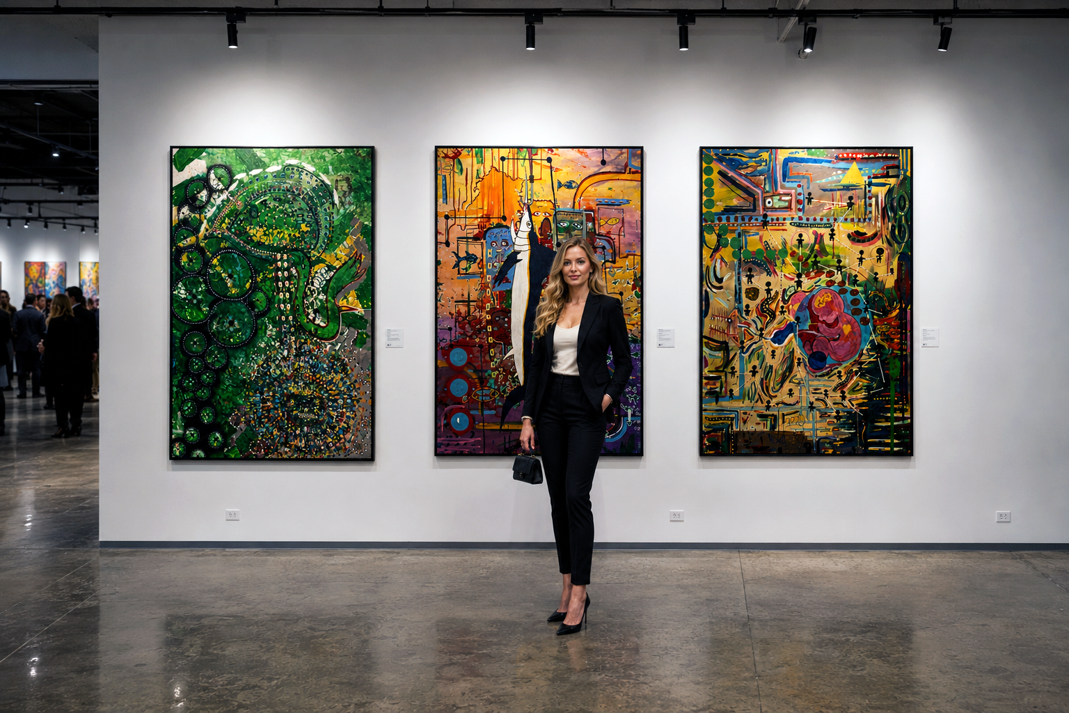 Woman in black suit standing in front of colorful abstract paintings in an art gallery.