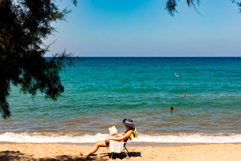 Woman sitting on a beach chair reading a book, wearing a large sun hat and a colorful towel, with the ocean and swimmers in the background. Large tree branches frame the scene.