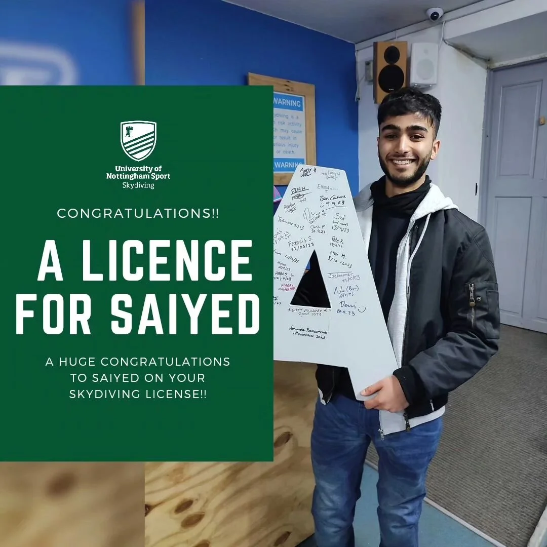 A huge congratulations to @saiyed.a.s on recently achieving his A licence at @skydivelangar !! 

A big thank you to all the staff at Langar and our drivers that help our new members continue jumping!! 

Blue Skies 💙