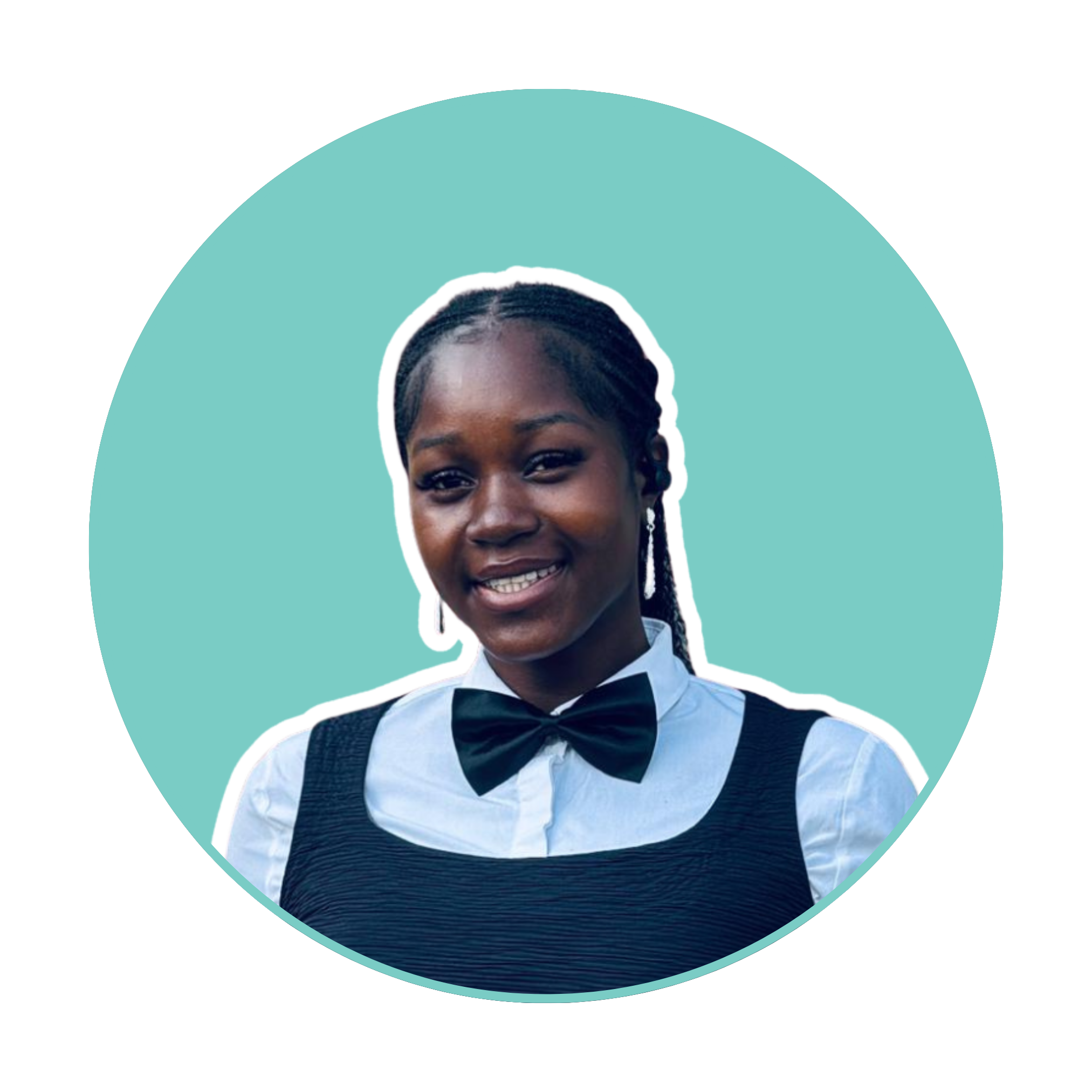 Close-up of a smiling young Alumni with braided hair, wearing a black dress and white shirt, against a turquoise background.