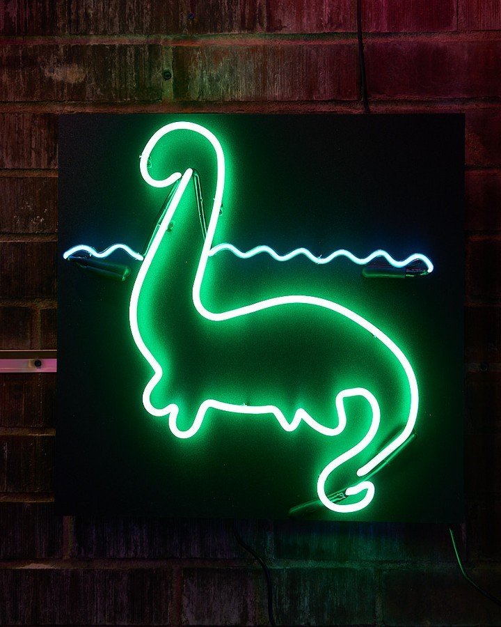 A neon Loch Ness monster created during a class.