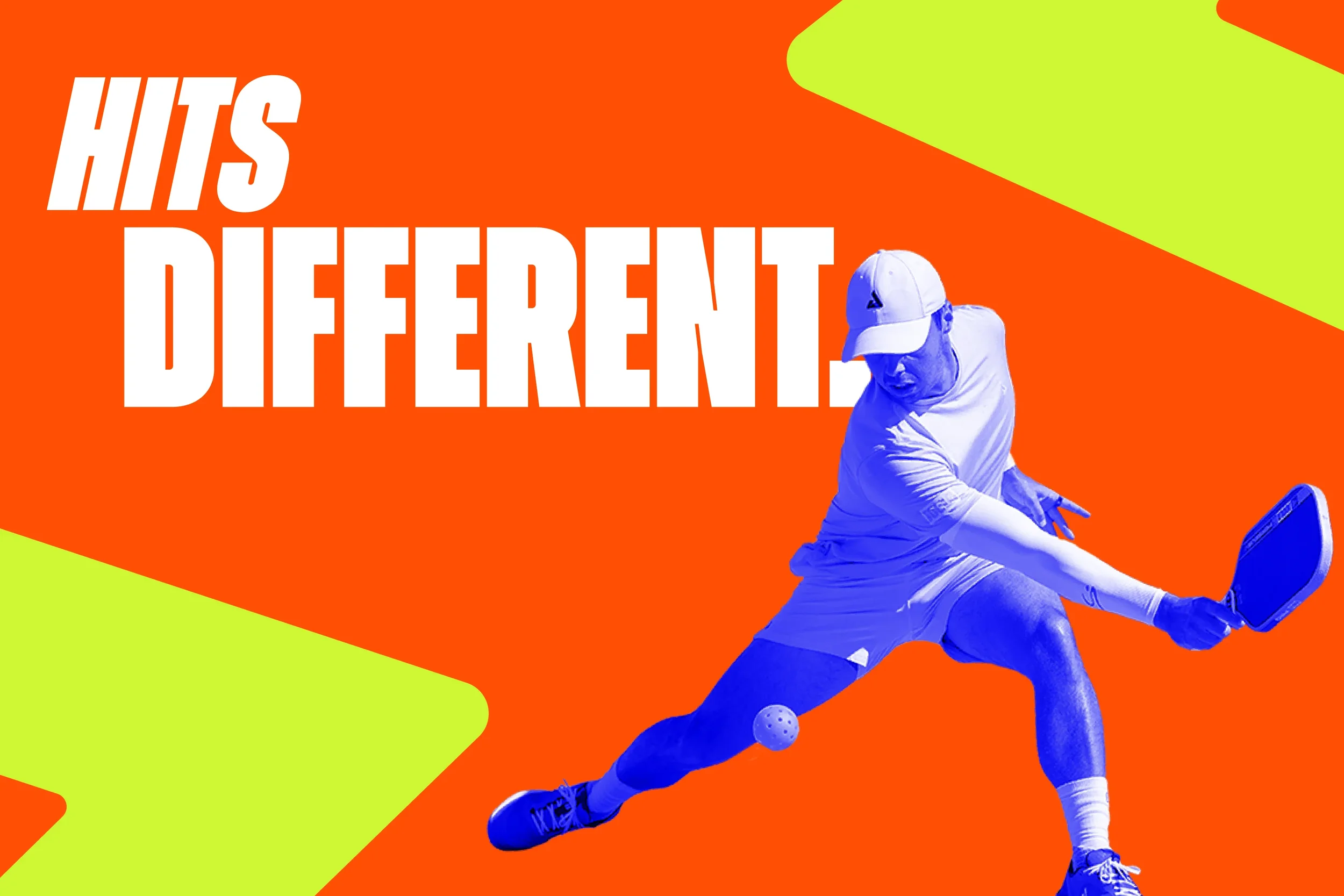 A Pro pickleball player Ben Johns in white clothing and a white cap is hitting a pickleball with a racket. The background features bold orange and lime green geometric shapes with the words 'HITS DIFFERENT' in large white letters.