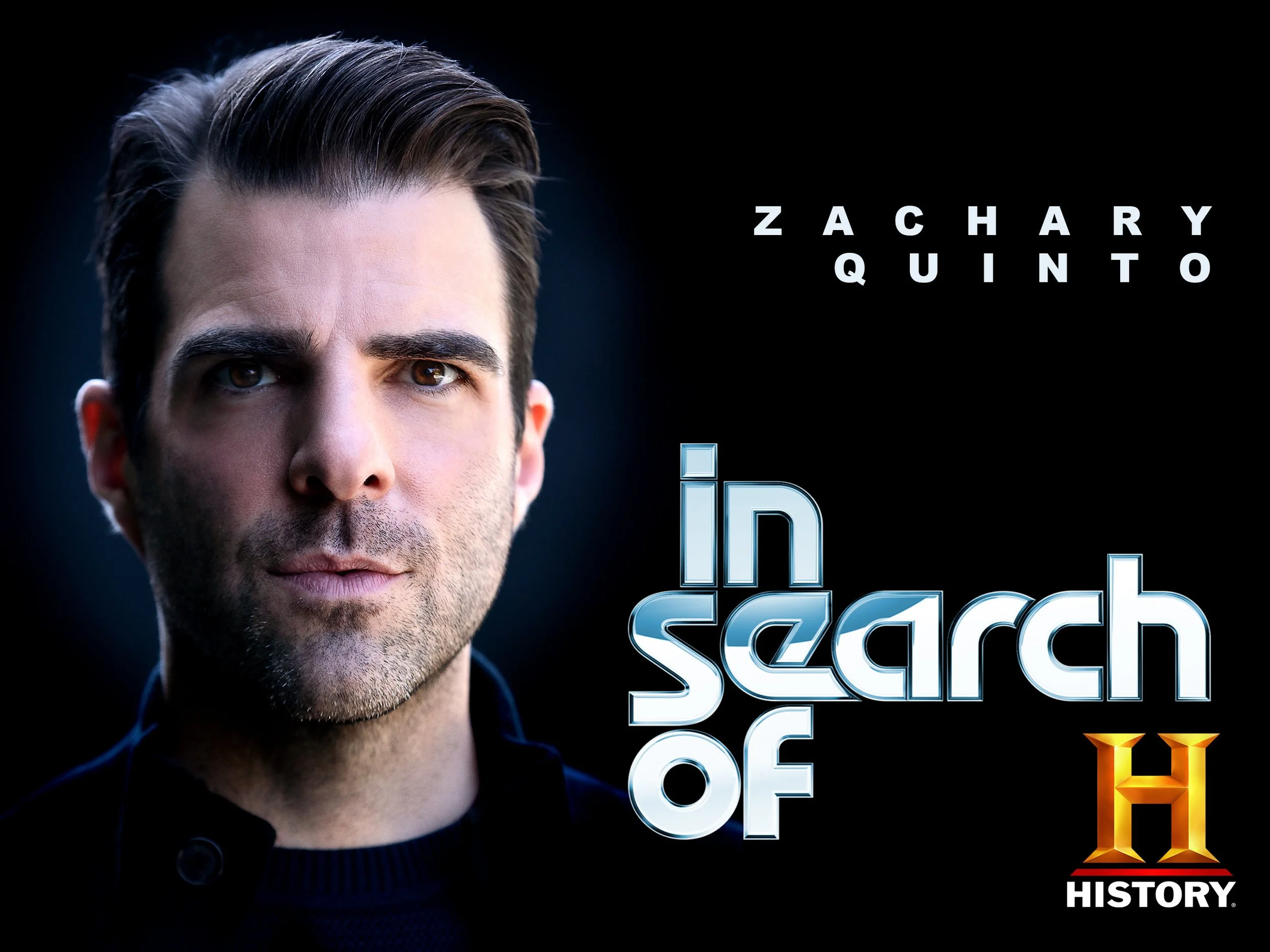 Close-up of a man's face with text overlay reading 'Zachary Quinto' and 'ID of the' with part of the word 'History.'