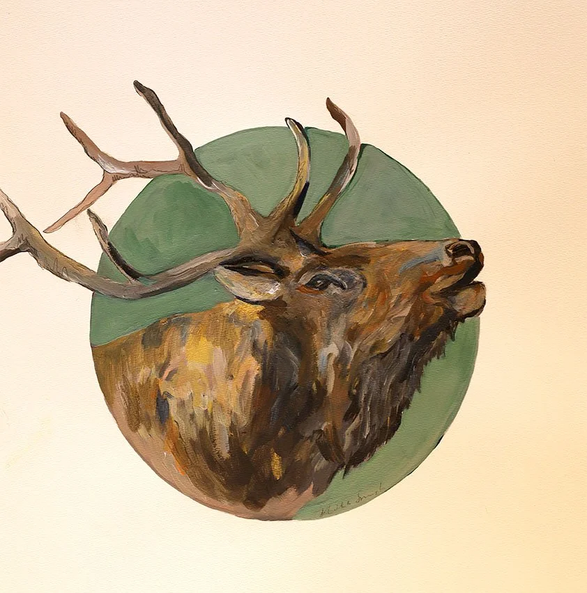 Painting of a majestic elk with large antlers, depicted in front of a green circular background.