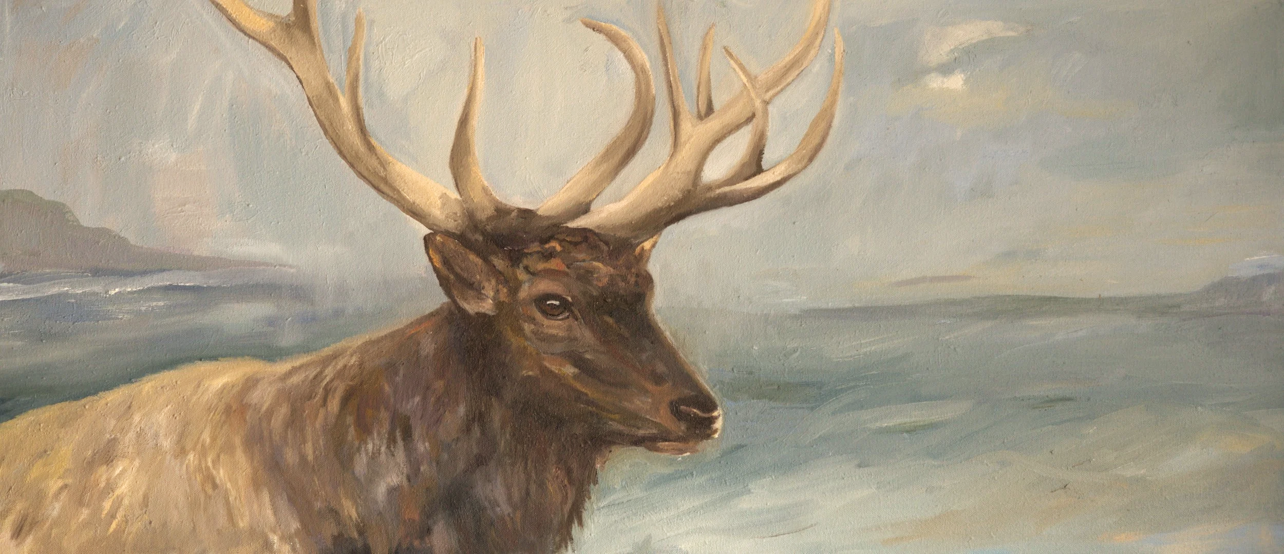 Original wildlife landscape painting with water, land, and cloudy sky.