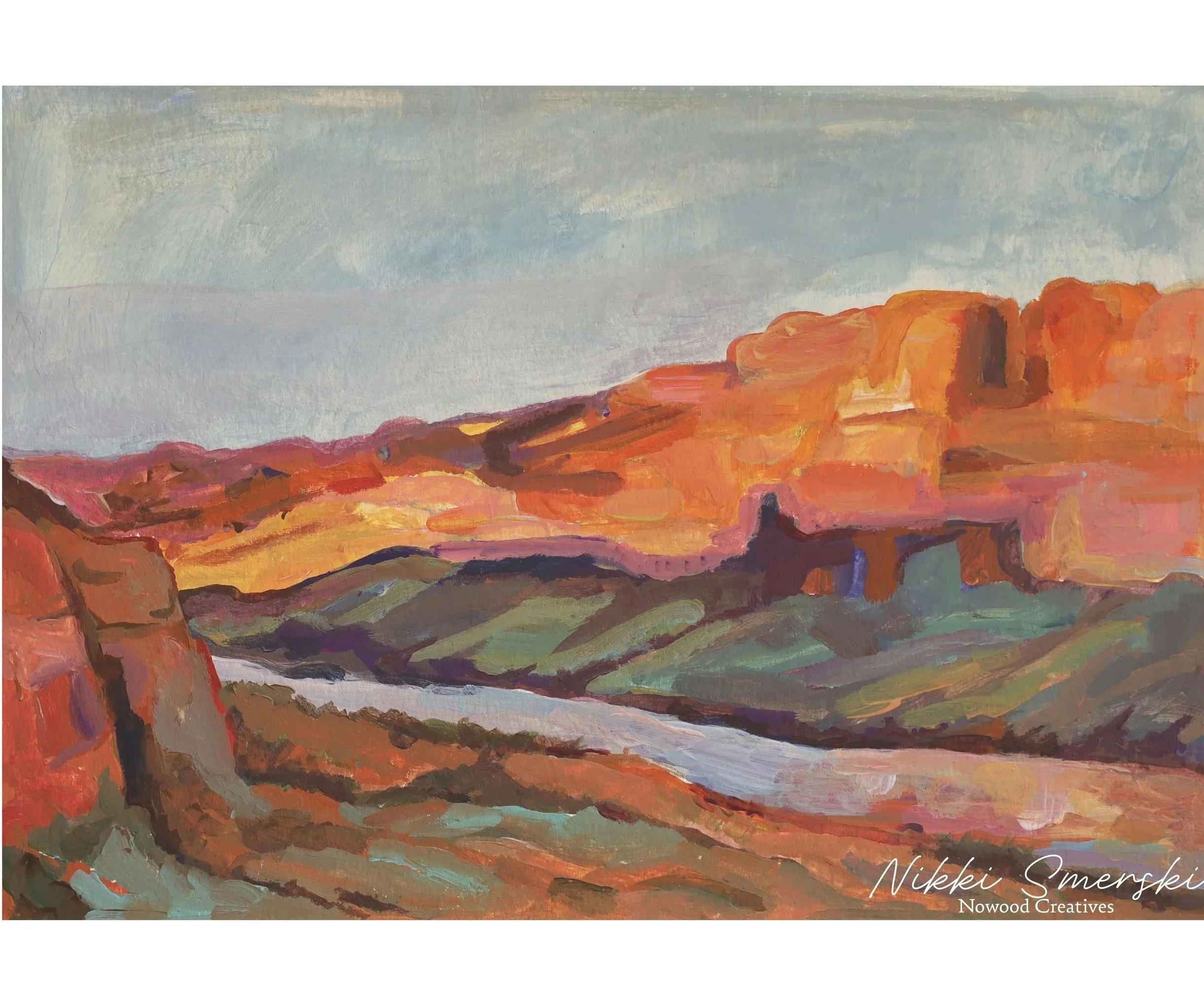 A landscape painting of a desert scene with orange rock formations and a cloudy sky in soft pastel colors.