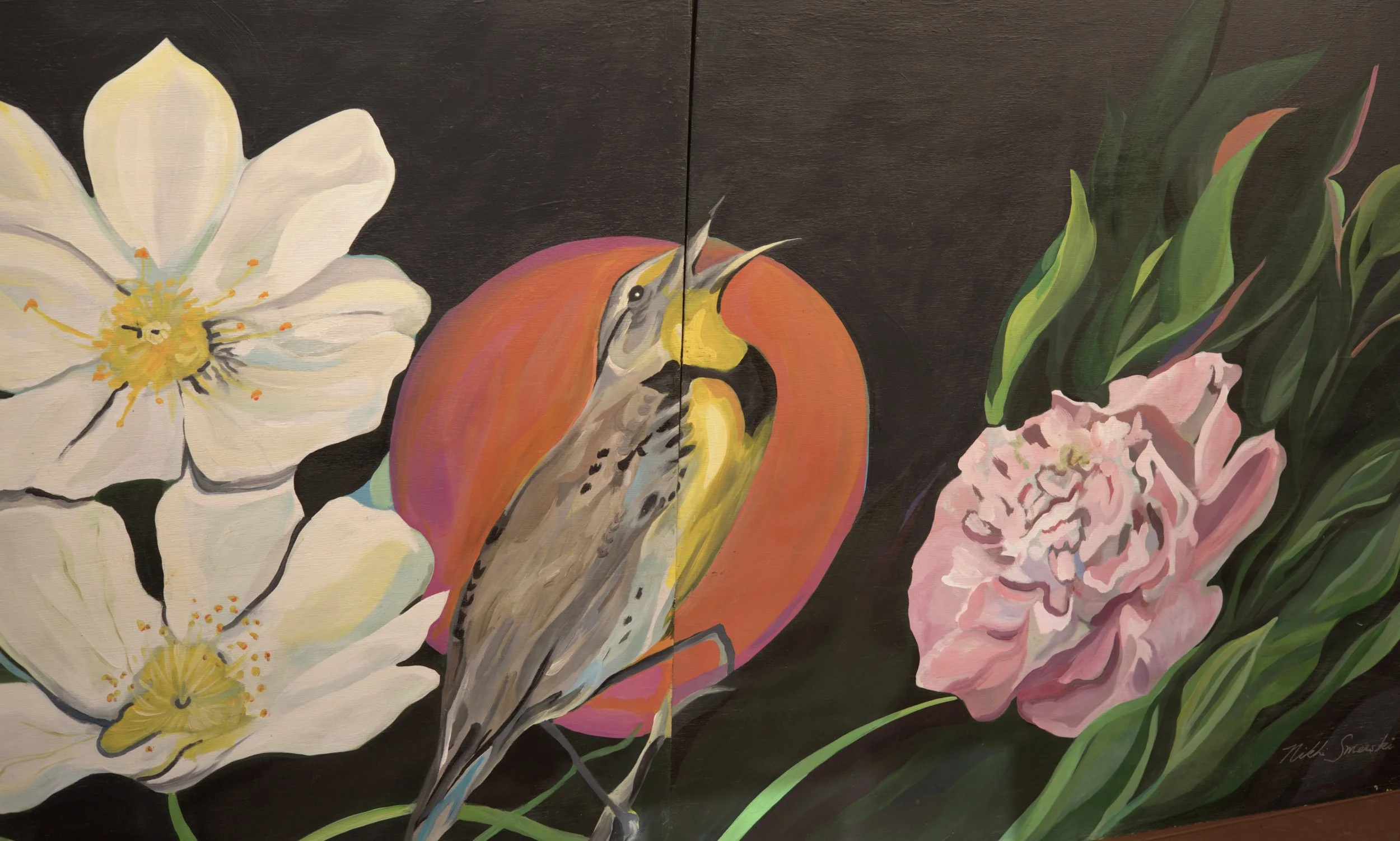 A painting featuring a bird, large white and pink flowers, and green leaves on a dark background.